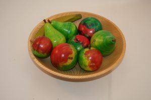 wood bowl and painted wood fruit